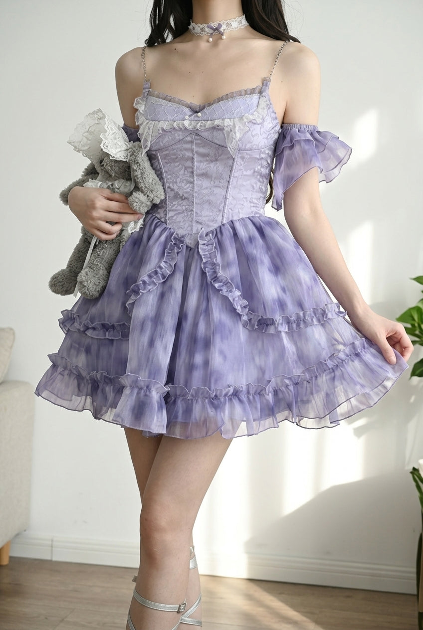 Blue Ruffle Lace Tie-dyed Print Fake Two Pieces Sweet Princess Jsk Dress