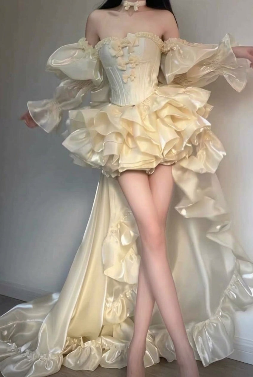 Cream Gold Long Sleeve Ruffled High-Low Train Bowknot Sweet Princess Hime Lolita JSK Dress