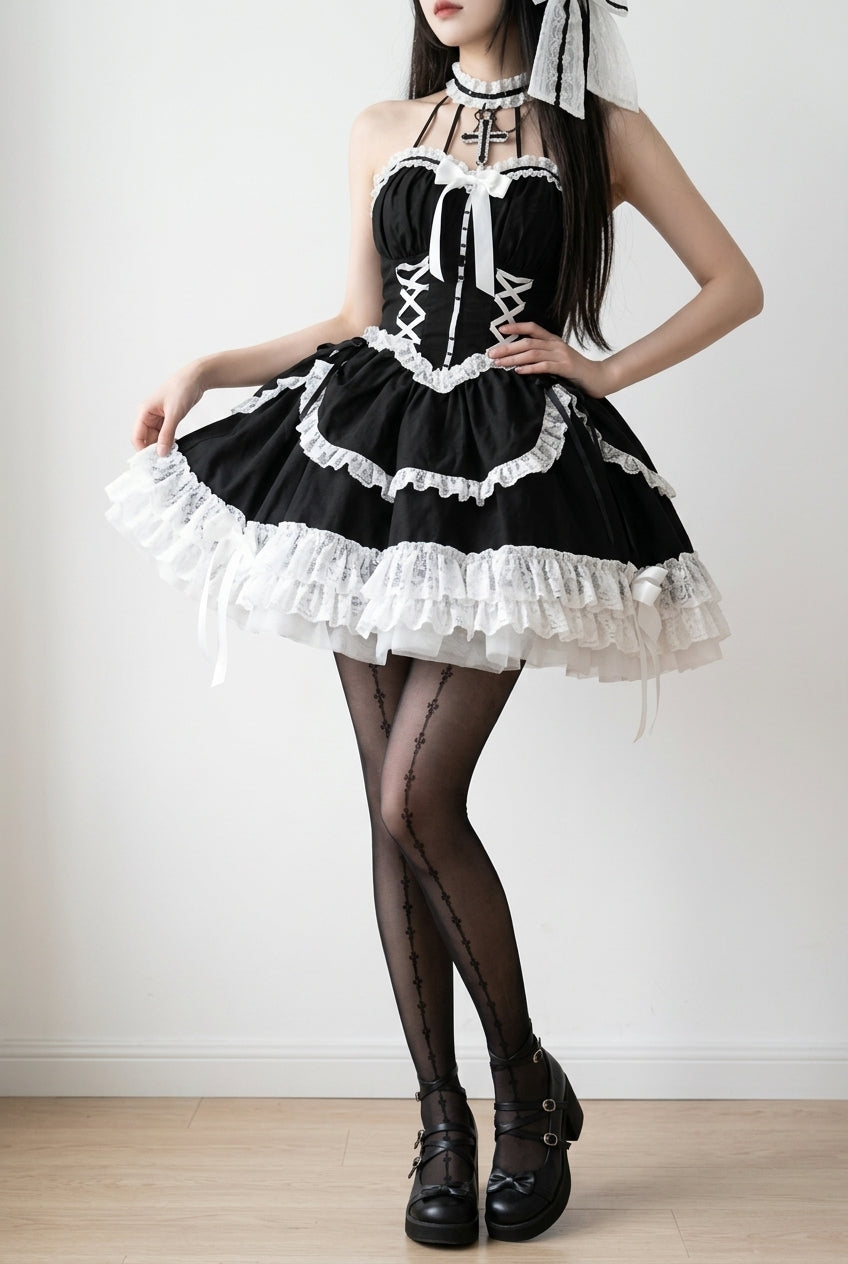 Black Cross Halterneck Ruffle Bowknot Lace Lace-Up Princess Gothic Lolita Dress