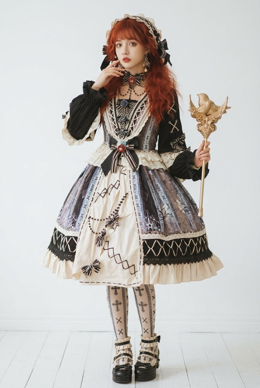 Multi-Color Finches In The Mirror Print Cardigan Long Sleeves Princess Ruffled Classic Lolita OP Dress