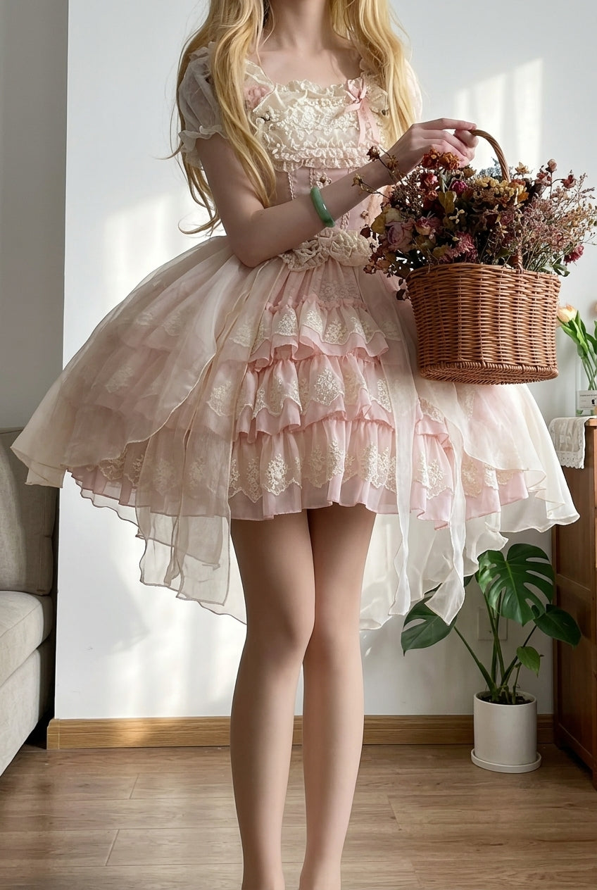 Sweet Triple-Layered Ruffle Bowknot Lace Princess Ballet Lolita Tiered Dress 2 Colors