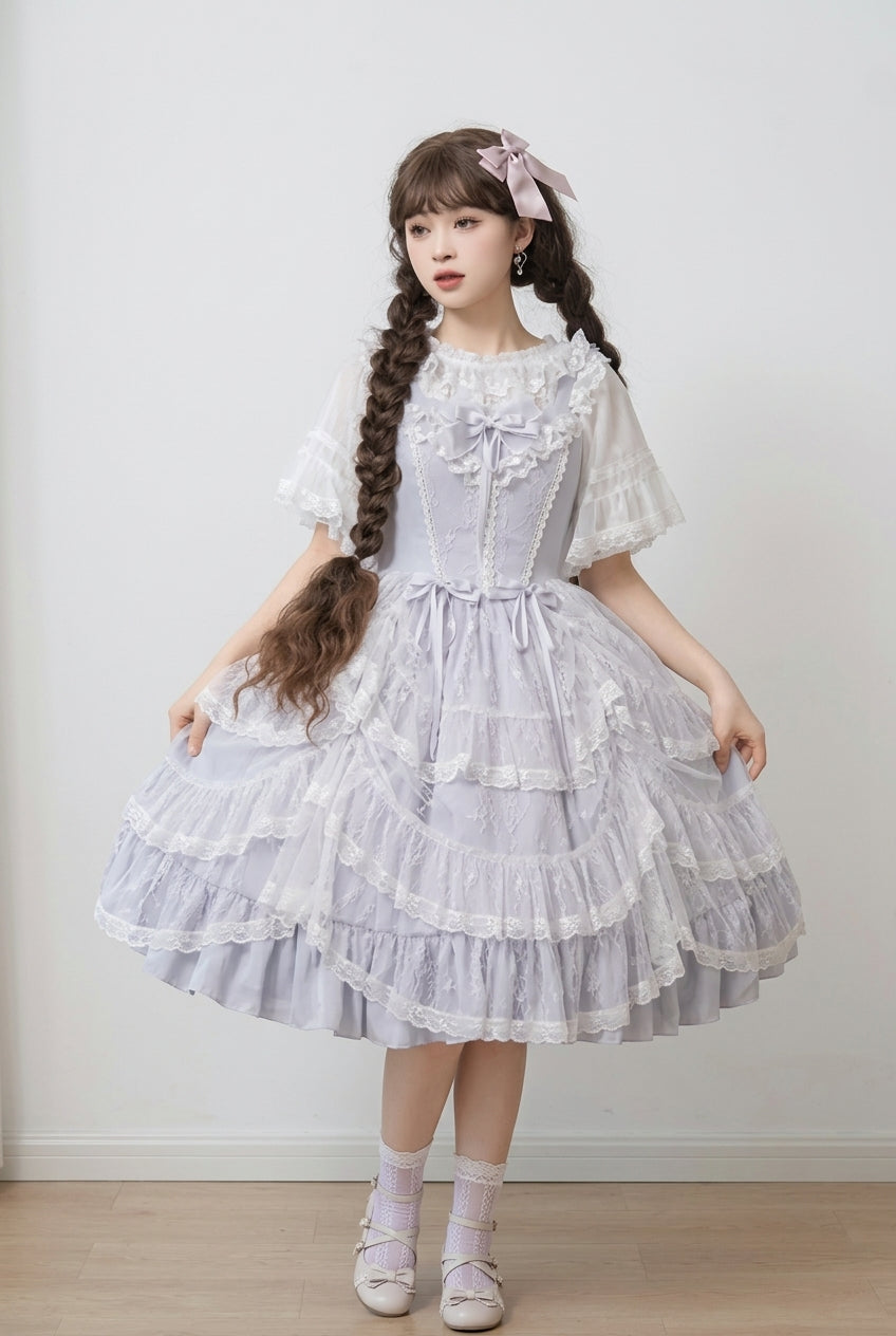 Blue Iris Love Multi-layer Jacquard Bowknot Sweet Elegant Princess Lolita Jsk Dress