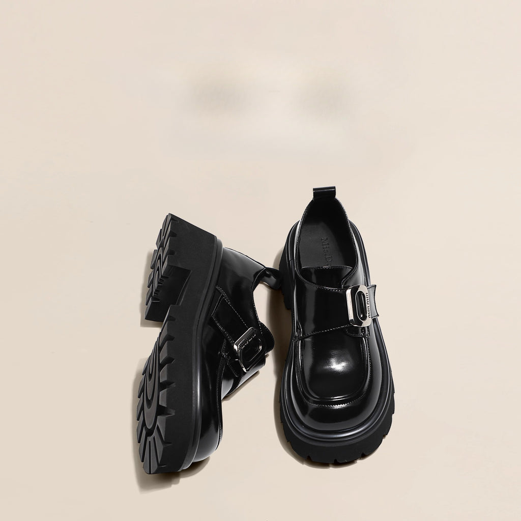 Lolita Shoes Genuine  Black Leather Soft Sole Loafers Comfortable Platform Slip On British Style