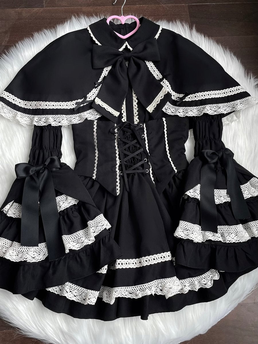 Gorgeous Lolita Dress Vintage OP Cape Set Kawaii Doll Red Black Dress