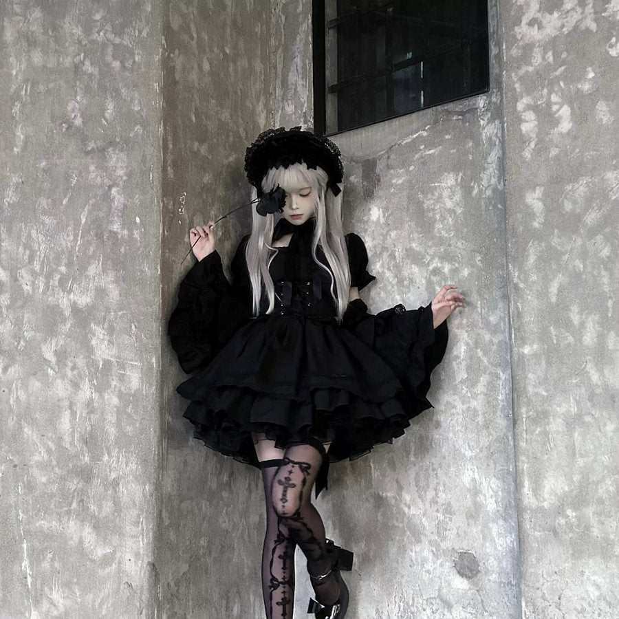Gorgeous Lolita Dress Vintage OP Cape Set Kawaii Doll Red Black Dress