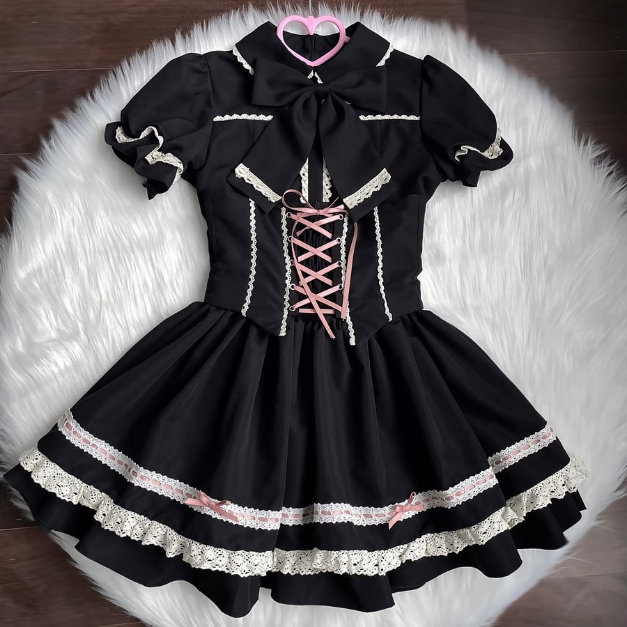 Gorgeous Lolita Dress Vintage OP Cape Set Kawaii Doll Red Black Dress