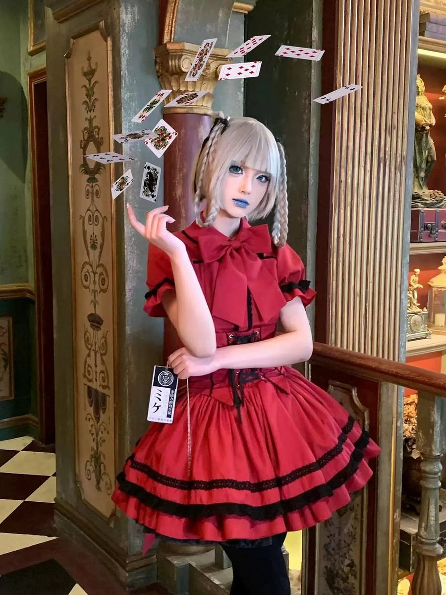 Gorgeous Lolita Dress Vintage OP Cape Set Kawaii Doll Red Black Dress