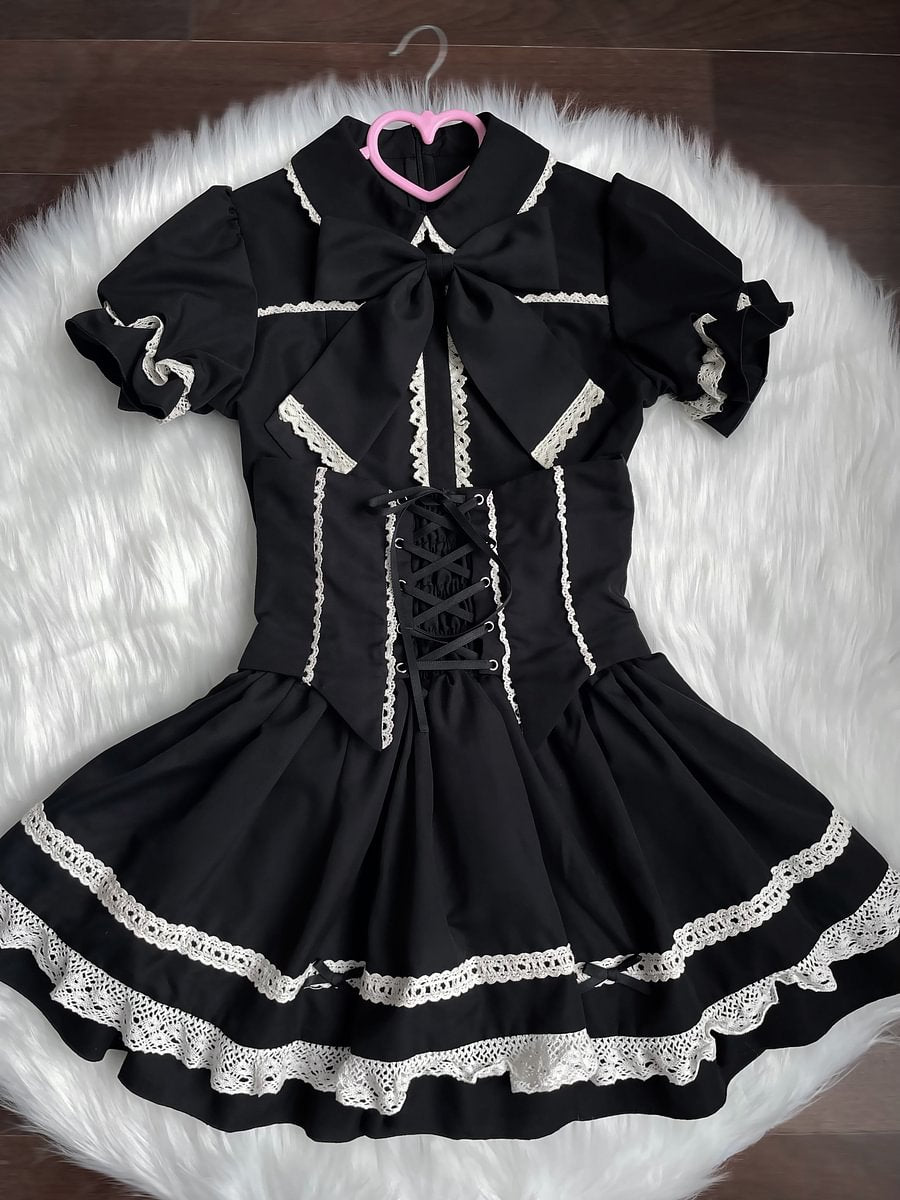 Gorgeous Lolita Dress Vintage OP Cape Set Kawaii Doll Red Black Dress