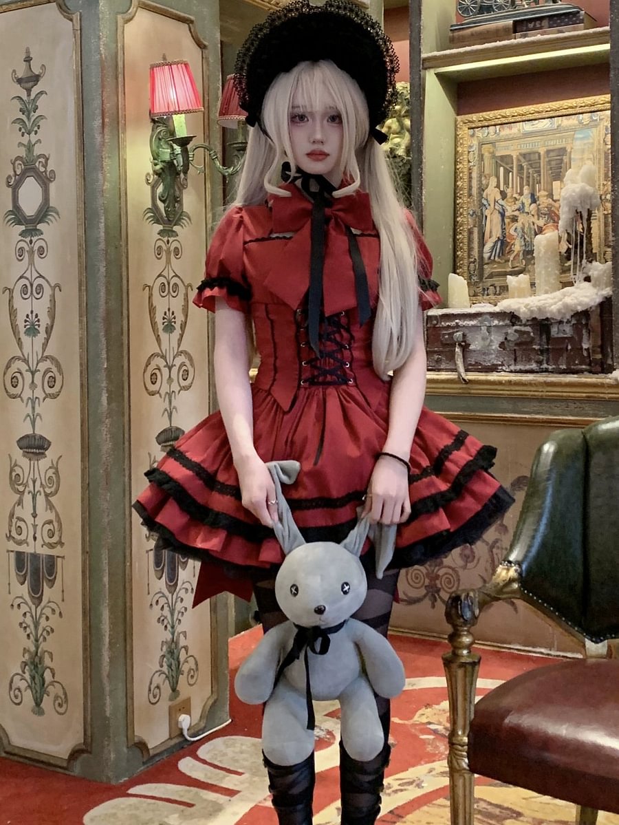 Gorgeous Lolita Dress Vintage OP Cape Set Kawaii Doll Red Black Dress
