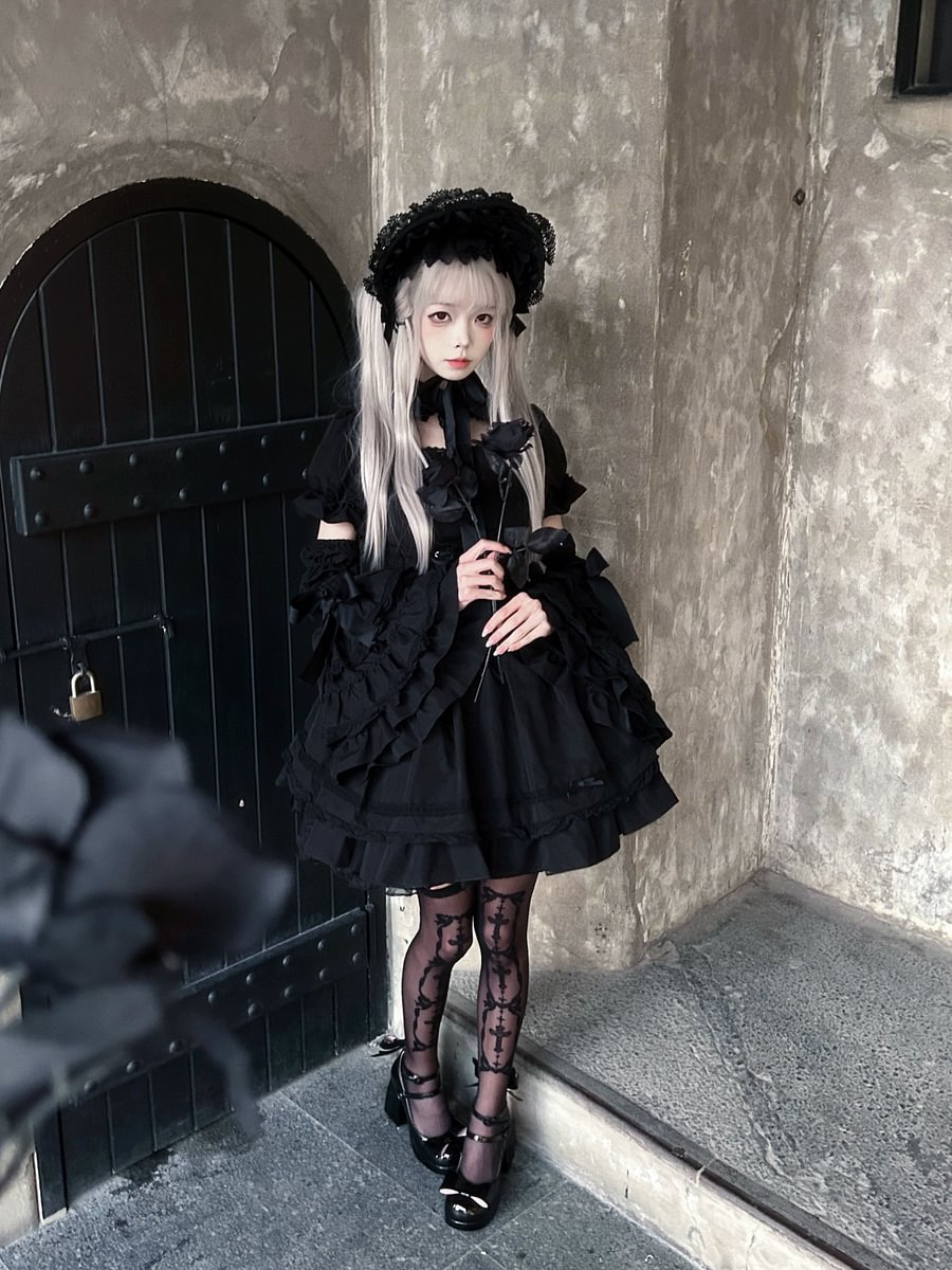Gorgeous Lolita Dress Vintage OP Cape Set Kawaii Doll Red Black Dress