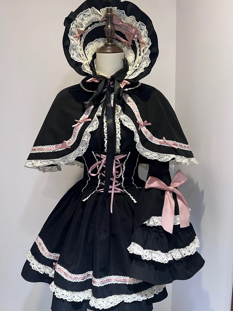 Gorgeous Lolita Dress Vintage OP Cape Set Kawaii Doll Red Black Dress