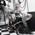 Goth Lolita Asymmetric Hem Dress with Layer Lace Corset Accents Skirt