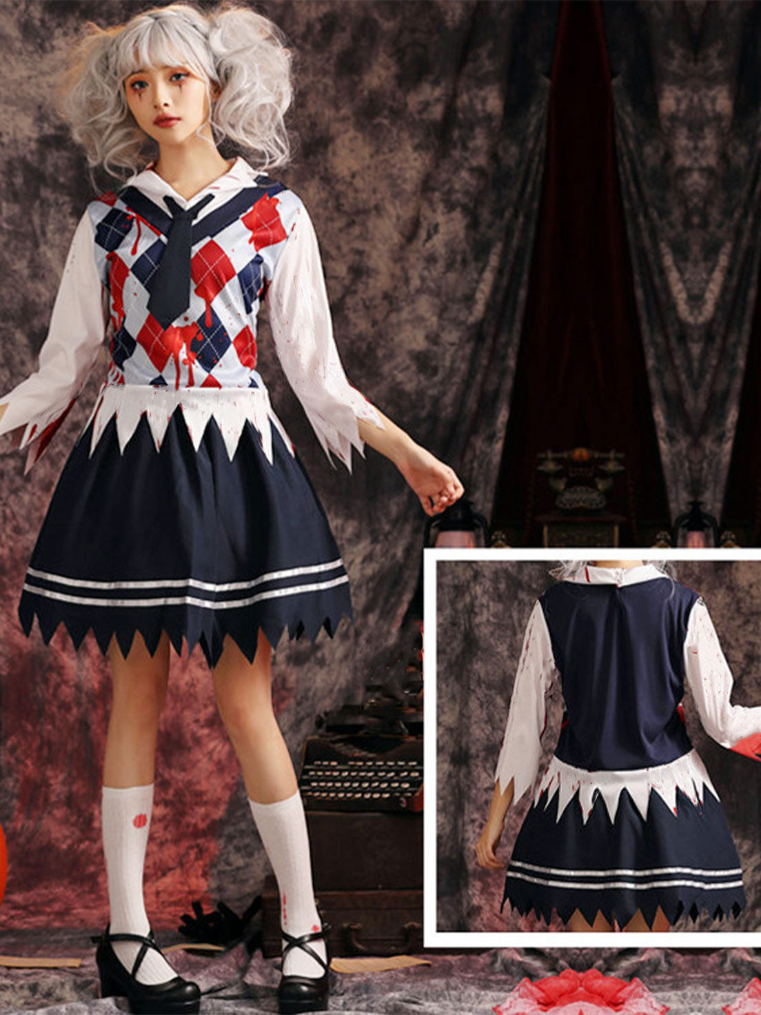 Goth Lolita Black Red Bloody Gothic School Uniform Halloween Cosplay Outfit
