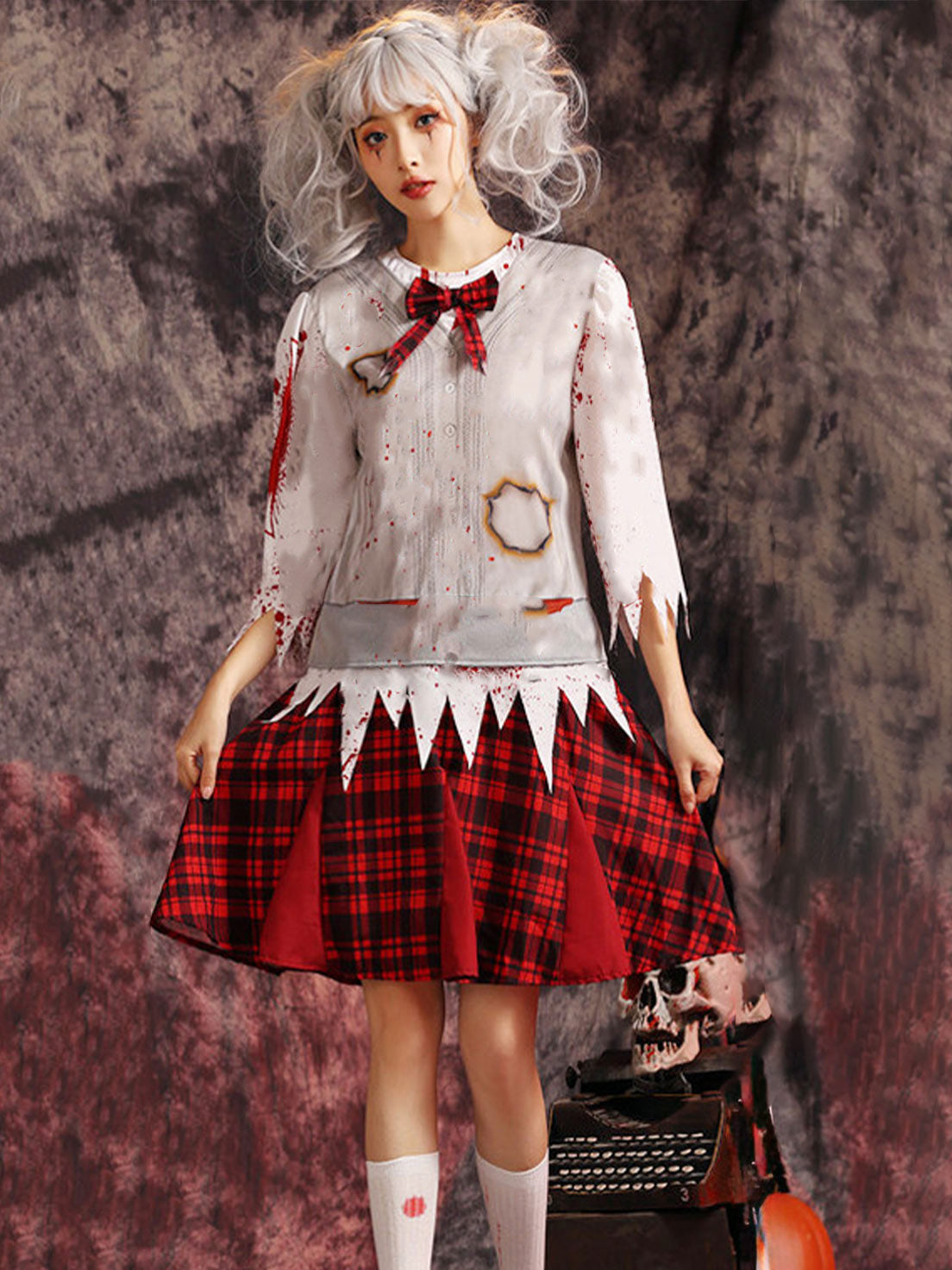 Goth Lolita Black Red Bloody Gothic School Uniform Halloween Cosplay Outfit