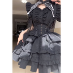 Goth Lolita Black SK Gothic Lolita Fishbone Lolita Straps Short Sleeve Cake Skirt Lolita Dress Black