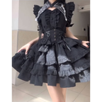 Goth Lolita Black SK Gothic Lolita Fishbone Lolita Straps Short Sleeve Cake Skirt Lolita Dress Black