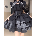 Goth Lolita Black SK Gothic Lolita Fishbone Lolita Straps Short Sleeve Cake Skirt Lolita Dress Black