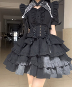 Goth Lolita Black SK Gothic Lolita Fishbone Lolita Straps Short Sleeve Cake Skirt Lolita Dress Black