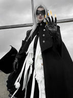 Goth Lolita Cape Coat Black Military Lolita Inspired Cloak with Lace Trim Regal Buttons