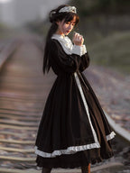 Goth Lolita Classic Style Big Skirt Spring and Autumn Black Lolita Long Sleeve Nun Style OP Gift Fake Collar Lolita Dresses