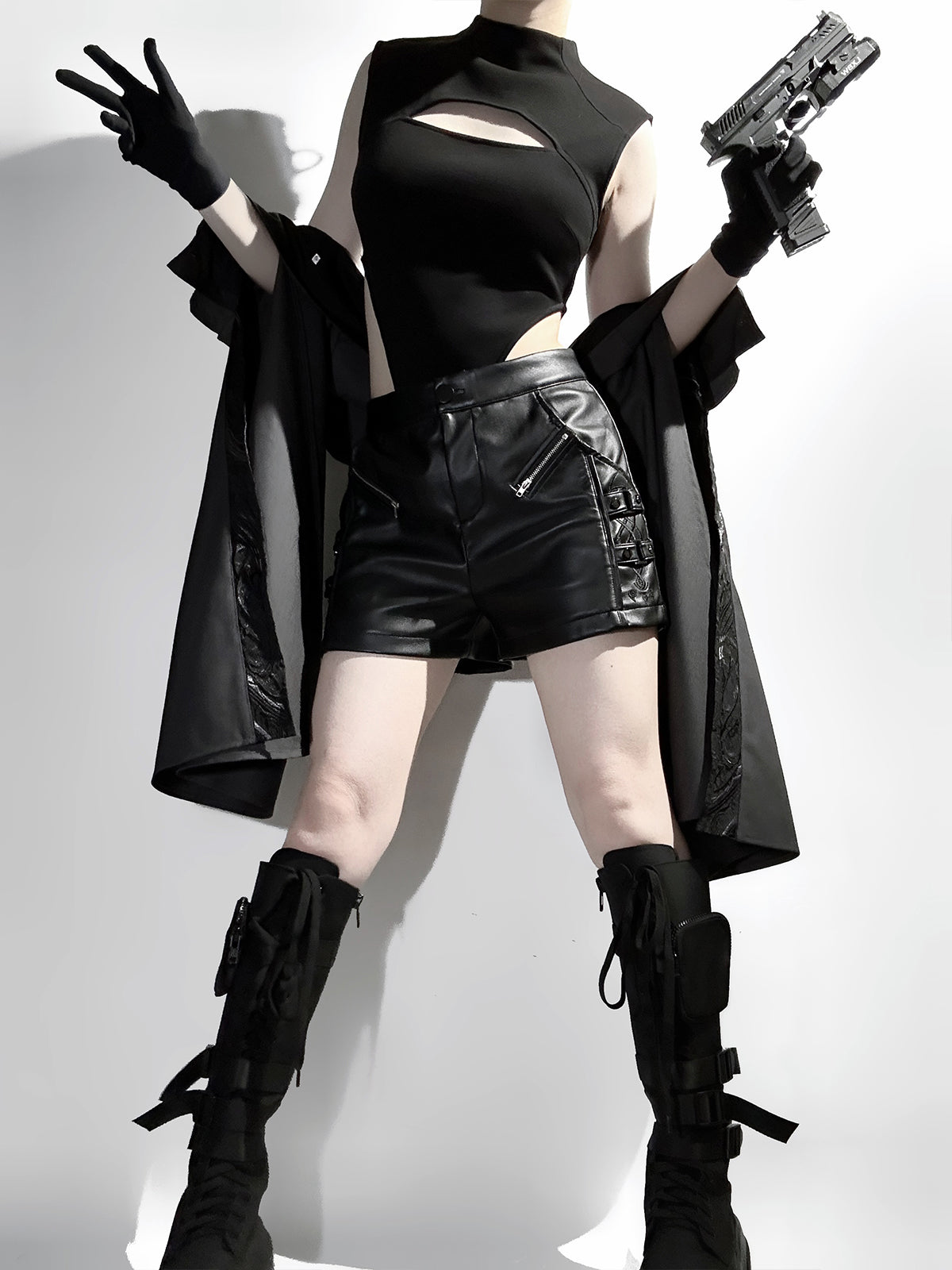 Goth Lolita Cloak Shorts Set Black Tactical Inspired Ensemble