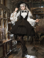 Goth Lolita Dress Girl Magic Dark Black White Wind Daily Dress OP Long Sleeve Strap Skirt Set