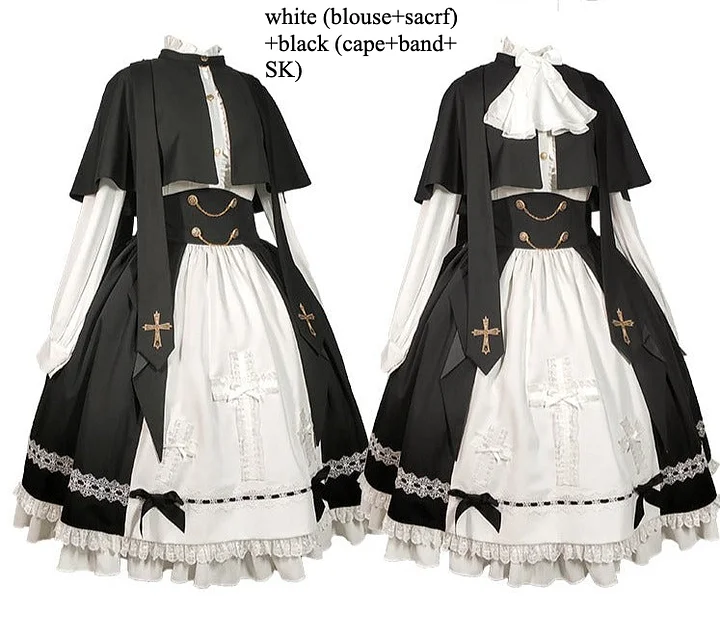 Goth Lolita Dress Holy Academy Prince Skirt Set Black White Cape