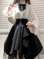 Goth Lolita Fashion Vintage Gothic White Irregular Black Mesh Skirt Two-piece Autumn Set Lolita Dresses Blouse Shirt