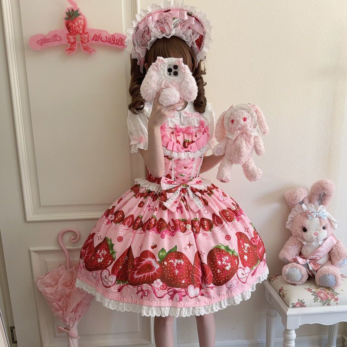 Sweet Lolita Strawberry Pattern Design Red Cute Suspender Princess Short Sleeve Daily Party