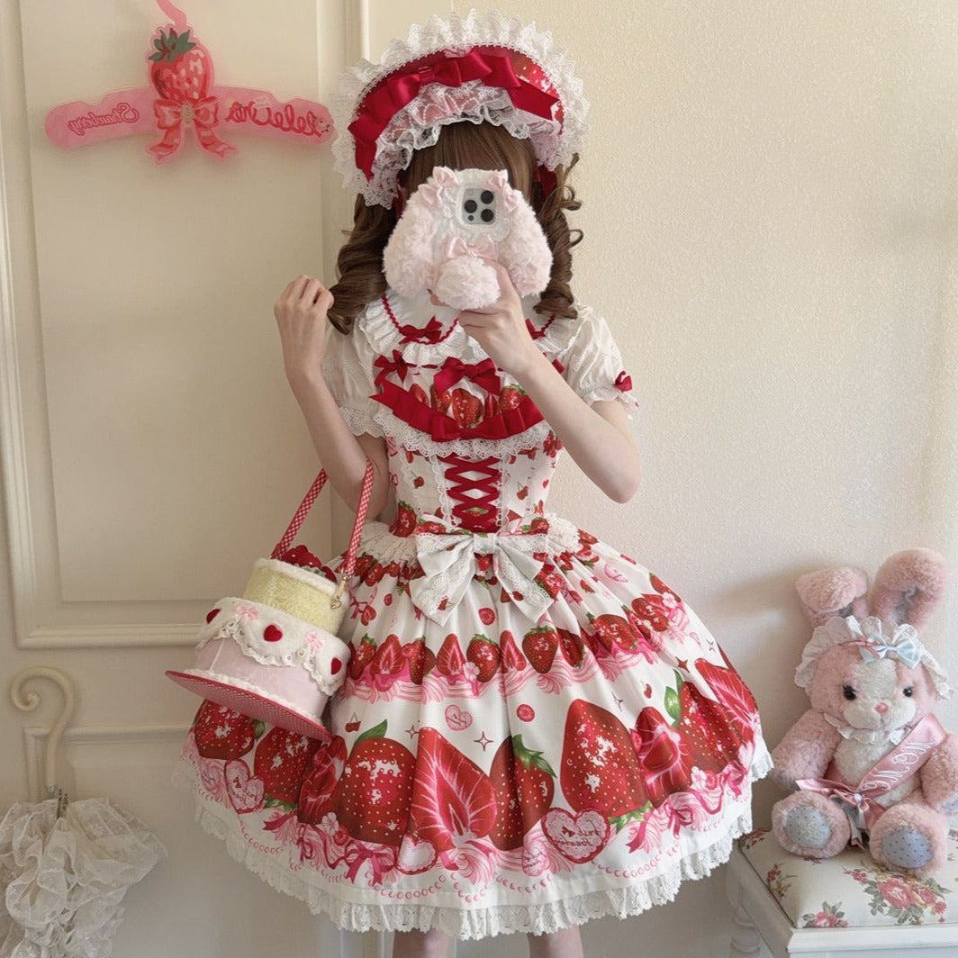 Sweet Lolita Strawberry Pattern Design Red Cute Suspender Princess Short Sleeve Daily Party