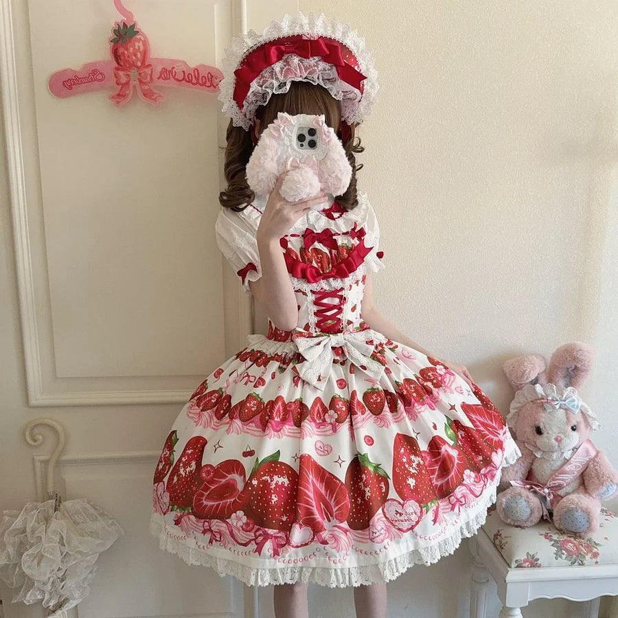 Sweet Lolita Strawberry Pattern Design Red Cute Suspender Princess Short Sleeve Daily Party