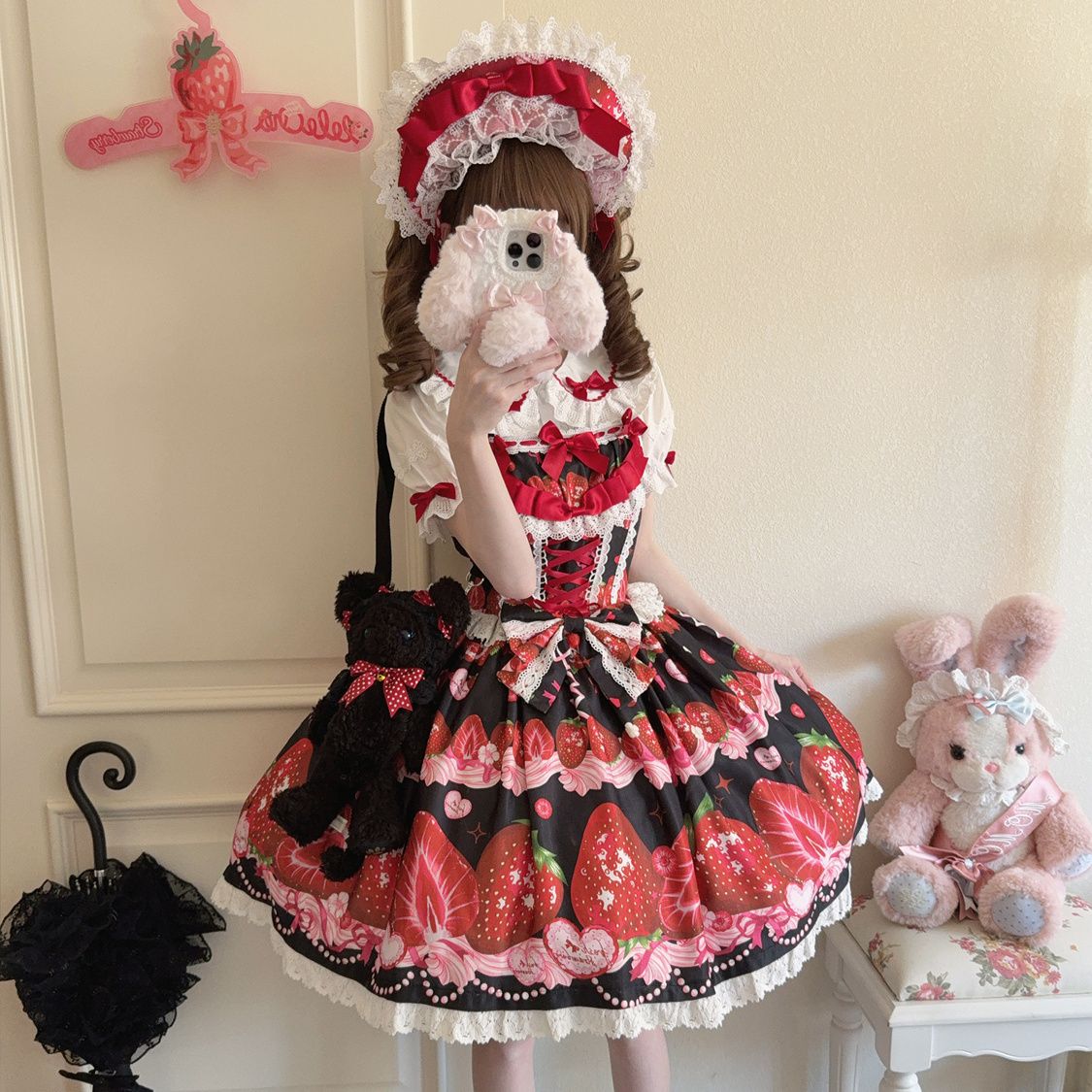 Sweet Lolita Strawberry Pattern Design Red Cute Suspender Princess Short Sleeve Daily Party