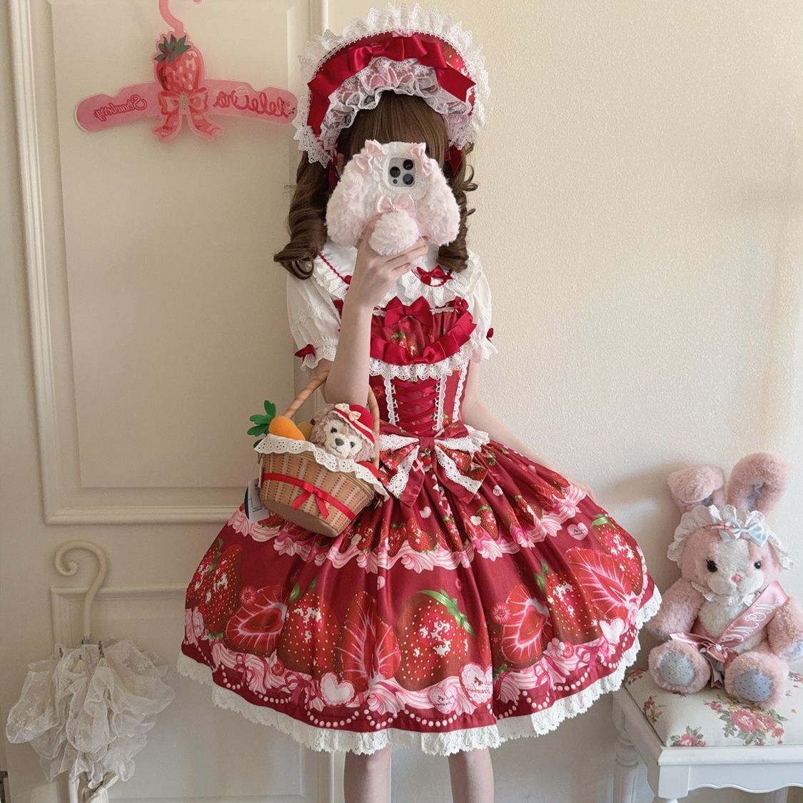 Sweet Lolita Strawberry Pattern Design Red Cute Suspender Princess Short Sleeve Daily Party