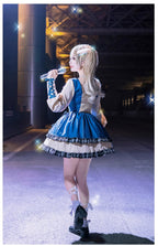Goth Lolita Jirai Kei Fashion Blue and White Sweet Punk Lolita Denim Dress Lolita Long Sleeve Dress Japanese Idol Clothing