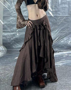 Goth Lolita Red American Victorian Retro Denim Pleated Skirt Ruffle Edge Lace Pirate Skirt