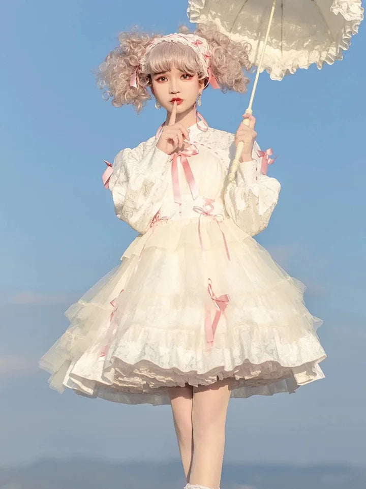 Goth Lolita Sweet Lolita Bow Organza Lolita Black White Dress Fluffy Cake Long Sleeves Princess Dress Cute