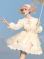 Goth Lolita Sweet Lolita Bow Organza Lolita Black White Dress Fluffy Cake Long Sleeves Princess Dress Cute