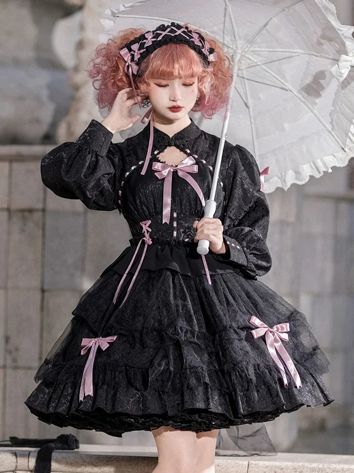 Goth Lolita Sweet Lolita Bow Organza Lolita Black White Dress Fluffy Cake Long Sleeves Princess Dress Cute