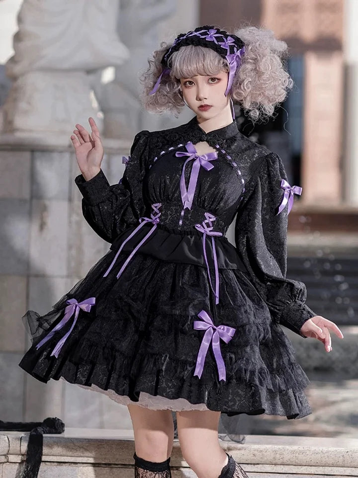 Goth Lolita Sweet Lolita Bow Organza Lolita Black White Dress Fluffy Cake Long Sleeves Princess Dress Cute