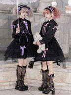 Goth Lolita Sweet Lolita Bow Organza Lolita Black White Dress Fluffy Cake Long Sleeves Princess Dress Cute