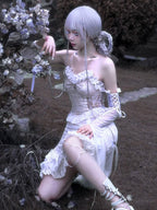 Goth Lolita Pale Lace Dress Silver Sweet Ruffles Dark Fantasy Undertones