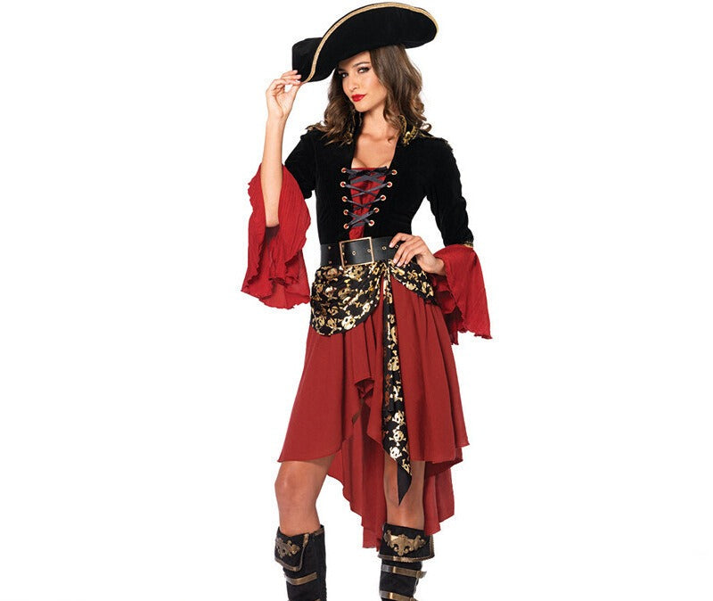 Design Concept：
This black and red Gothic Lolita pirate dress exudes a bold and sexy charm, inspired by the adventurous spirit of a pirate captain. The fitted bodice, flowing skirt, and ruffle accents create a dramatic and elegant silhouette. The outfit includes a matching dress and fishnet stockings, perfect for Halloween, themed parties, cosplay events, or stage performances.