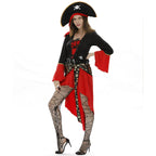 Design Concept：
This black and red Gothic Lolita pirate dress exudes a bold and sexy charm, inspired by the adventurous spirit of a pirate captain. The fitted bodice, flowing skirt, and ruffle accents create a dramatic and elegant silhouette. The outfit includes a matching dress and fishnet stockings, perfect for Halloween, themed parties, cosplay events, or stage performances.