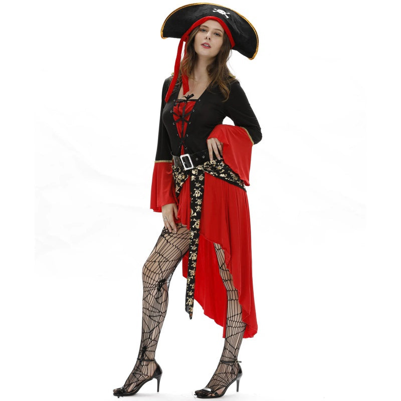 Design Concept：
This black and red Gothic Lolita pirate dress exudes a bold and sexy charm, inspired by the adventurous spirit of a pirate captain. The fitted bodice, flowing skirt, and ruffle accents create a dramatic and elegant silhouette. The outfit includes a matching dress and fishnet stockings, perfect for Halloween, themed parties, cosplay events, or stage performances.
