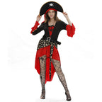 Design Concept：
This black and red Gothic Lolita pirate dress exudes a bold and sexy charm, inspired by the adventurous spirit of a pirate captain. The fitted bodice, flowing skirt, and ruffle accents create a dramatic and elegant silhouette. The outfit includes a matching dress and fishnet stockings, perfect for Halloween, themed parties, cosplay events, or stage performances.