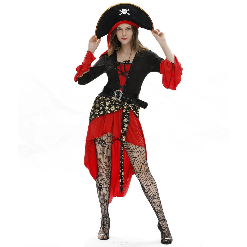 Design Concept：
This black and red Gothic Lolita pirate dress exudes a bold and sexy charm, inspired by the adventurous spirit of a pirate captain. The fitted bodice, flowing skirt, and ruffle accents create a dramatic and elegant silhouette. The outfit includes a matching dress and fishnet stockings, perfect for Halloween, themed parties, cosplay events, or stage performances.