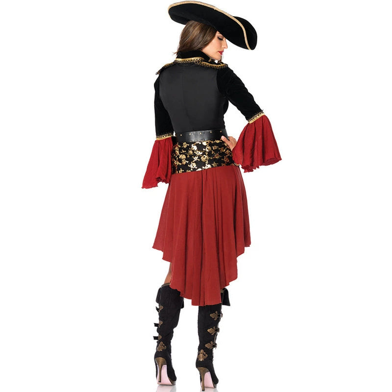 Design Concept：
This black and red Gothic Lolita pirate dress exudes a bold and sexy charm, inspired by the adventurous spirit of a pirate captain. The fitted bodice, flowing skirt, and ruffle accents create a dramatic and elegant silhouette. The outfit includes a matching dress and fishnet stockings, perfect for Halloween, themed parties, cosplay events, or stage performances.