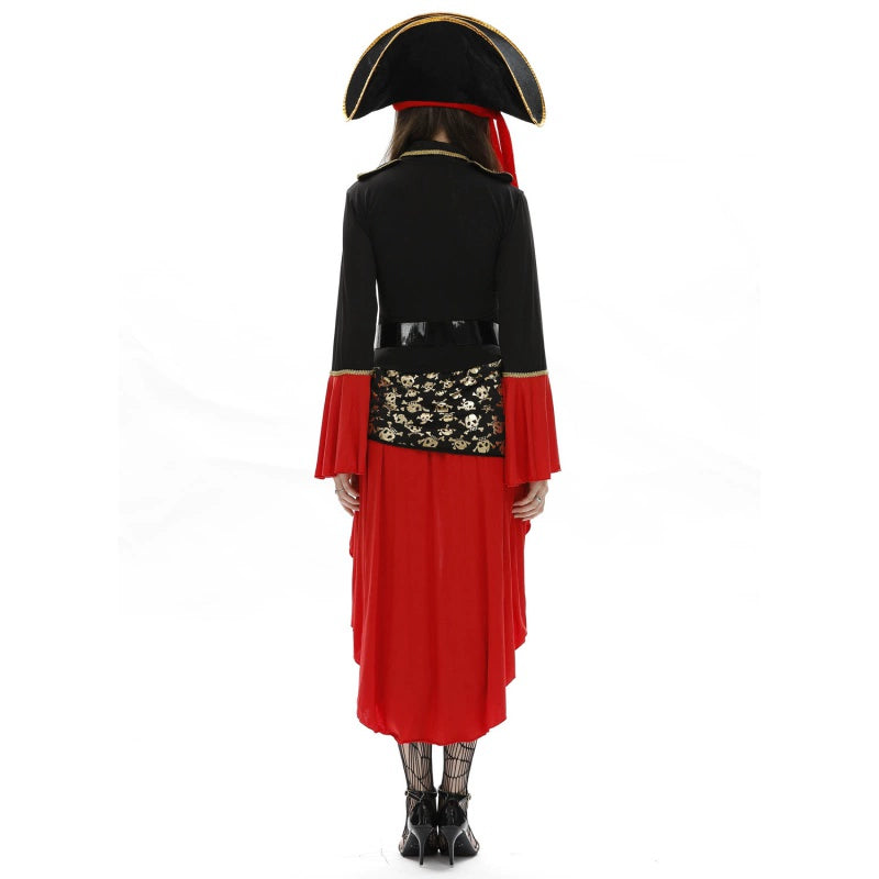 Design Concept：
This black and red Gothic Lolita pirate dress exudes a bold and sexy charm, inspired by the adventurous spirit of a pirate captain. The fitted bodice, flowing skirt, and ruffle accents create a dramatic and elegant silhouette. The outfit includes a matching dress and fishnet stockings, perfect for Halloween, themed parties, cosplay events, or stage performances.