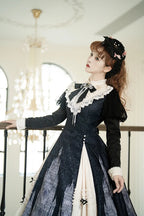 Gothic Black Long Sleeved Dress Elegant Lolita Ruffled Lace Long Dress in Autumn