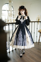 Gothic Black Long Sleeved Dress Elegant Lolita Ruffled Lace Long Dress in Autumn